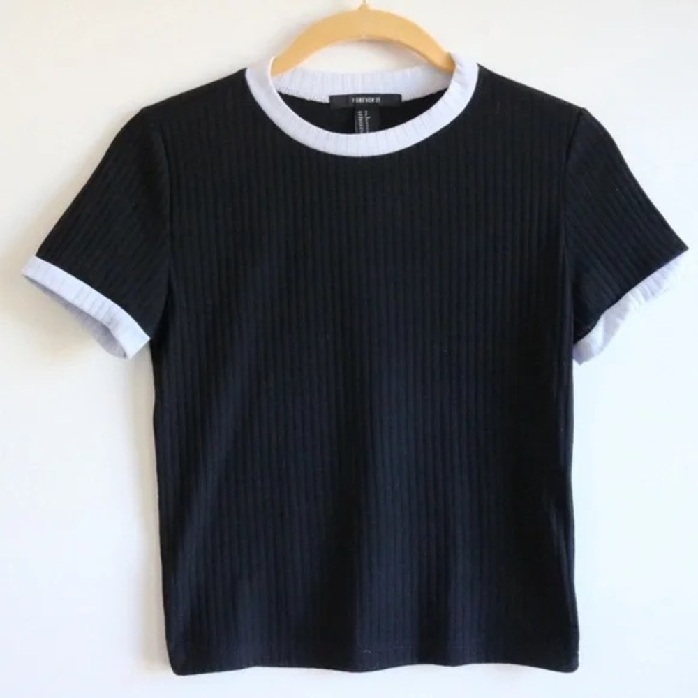 Forever 21 Black and White Ribbed Ringer Short Sleeve Shirt